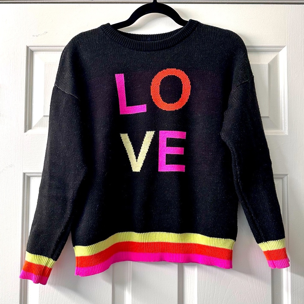 The Tellier LOVE Graphic Knit Sweater Black Rainbow Stripe Women’s Small - Picture 3 of 8